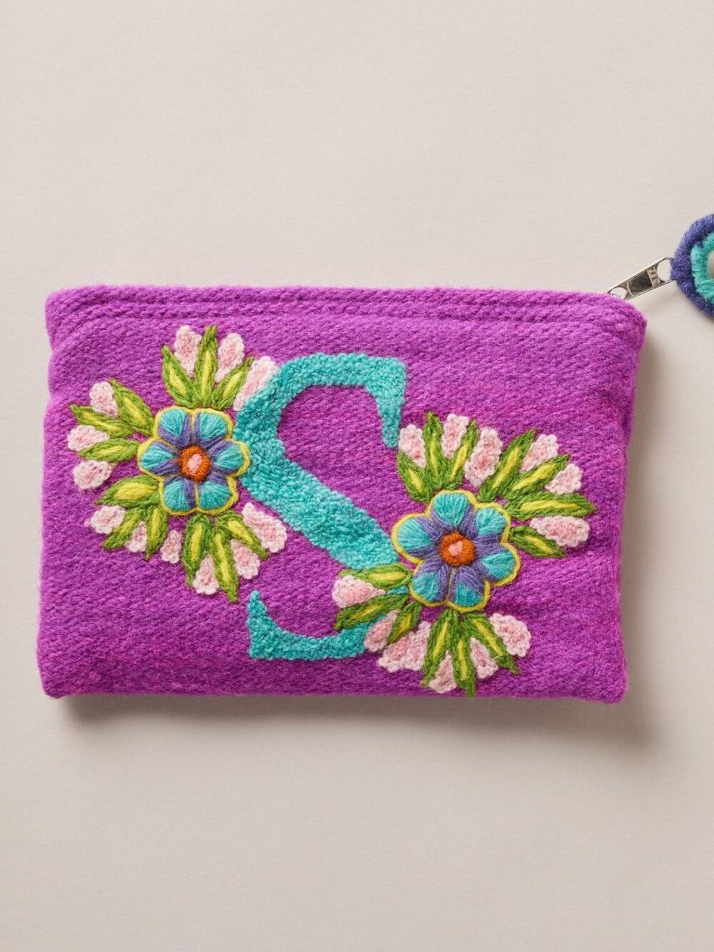 Jenny Krauss Sweet Nothings Pouch "S" Monogram Embroidered Wool Handmade in Peru